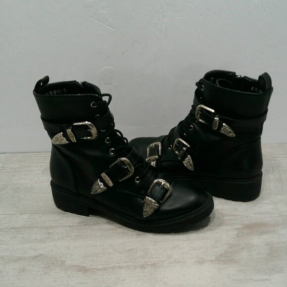 Dolls Kill Shoes - Dolls Kill Combat Moto Lace up Black Boots with Silver Buckle Strap Size 6